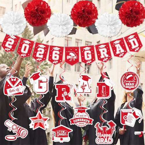 Image of Red 2026 Grad Banner Grad Party Decorations 2026 Graduation Banner Graduation Decorations 2026 Class of 2026 Decorations Congrats