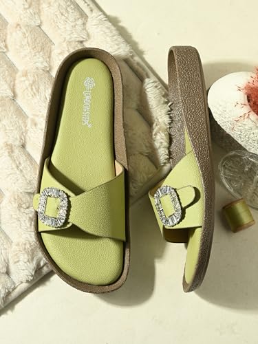 Image of Women Fashion Cross Strap Sliders with Crystal Buckle | Stylish Casual Slip-On Sandals for Women | Lightweight Comfort Slides Everyday Wear