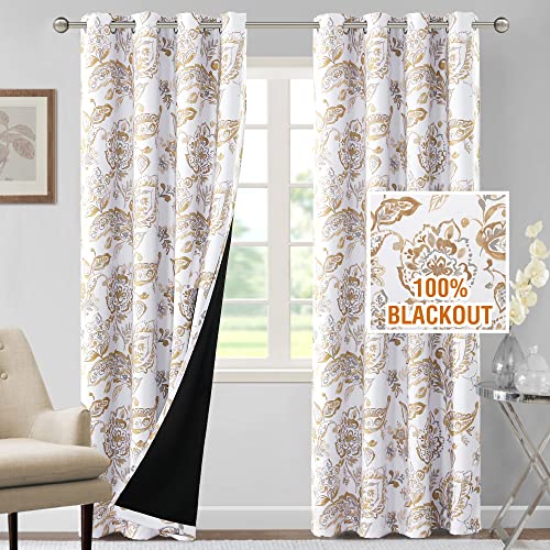 H.VERSAILTEX 100% Blackout Curtains for Bedroom Paisley Floral Printed Curtains 96 Inches Long Grommet Curtains & Drapes Thermal Curtains Window Treatments with Black Liner 2 Panels, Taupe