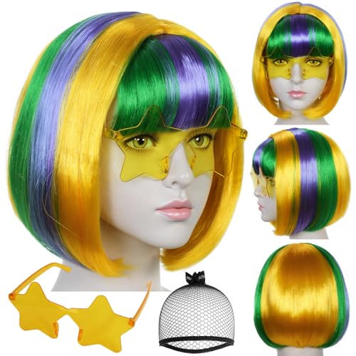 Image of ANOGOL Hair Cap + (Sunglasses) Green Blue Yellow Bob Wig with Bangs Womens Green Party Wigs with Sunglasses Short Neon Wig Fun Wigs Halloween Costume Bachelorette Hair Sports Event St Patrick Day
