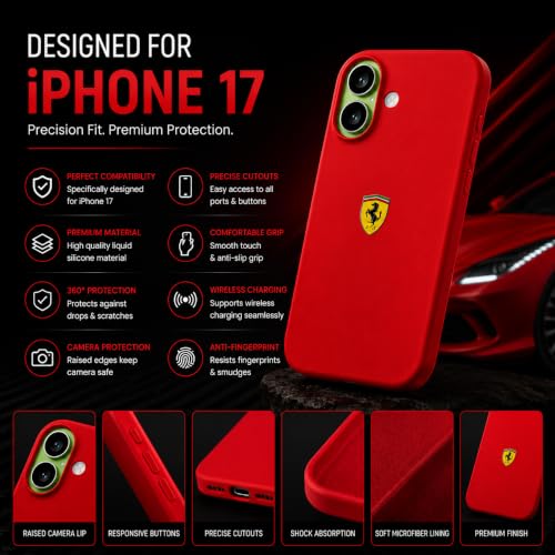 Image of Liquid Silicone Shockproof Back Case and Cover Compatible with Apple iPhone 17, Matte Finish, Slim Protective Cover, Sports car Logo (Red)