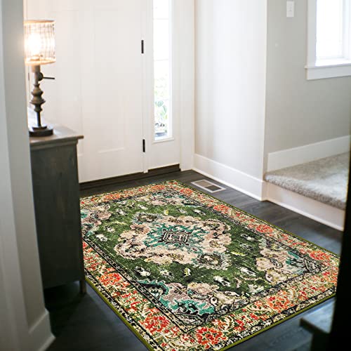 Wonnitar Bohemian Medallion Area Rug - Green 3X5 Washable Entry Rug Boho Bedside Rug Vintage Distressed Non-Slip Door Mat Throw Carpet For Entrance Bathroom Laundry Kitchen Indoor Office #TOP3