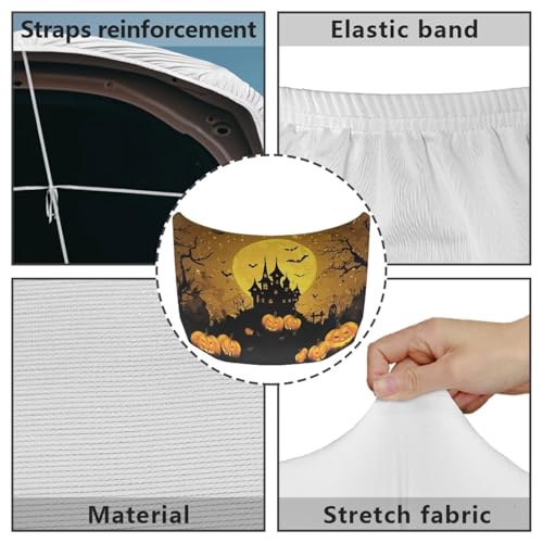Image of Halloween Bat Castle Print Car Hood Cover Stretchable Auto Hood Wrap Blankets Waterproof Automotive Halloween Outdoor Decorations for Compact Sedans SUV Trucks Van