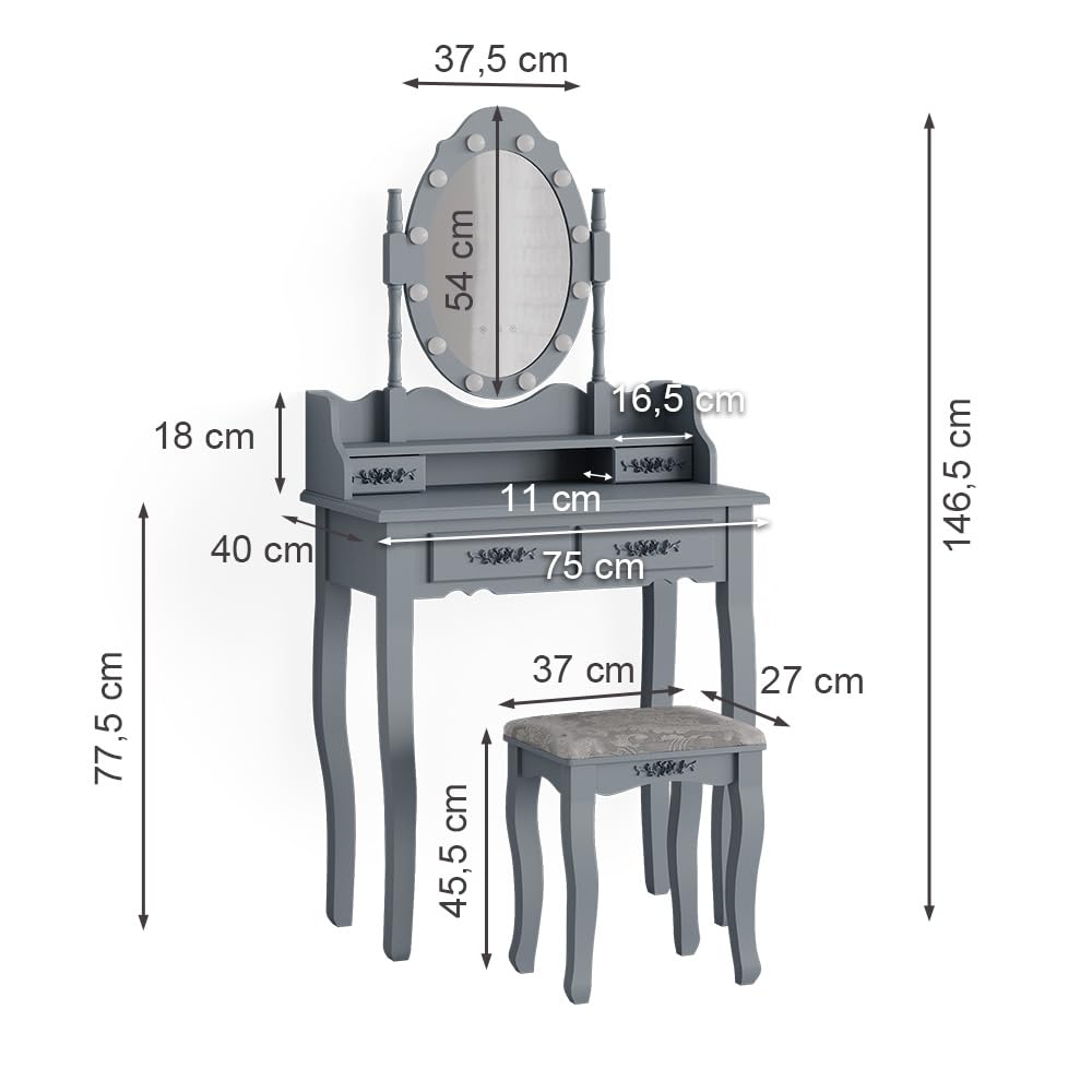 Vicco Schminktisch Maggie, Grau, 75 cm | mit LED Beleuchtung und Hocker, Vintage-Design verleiht jedem Raum Charakter und Charme