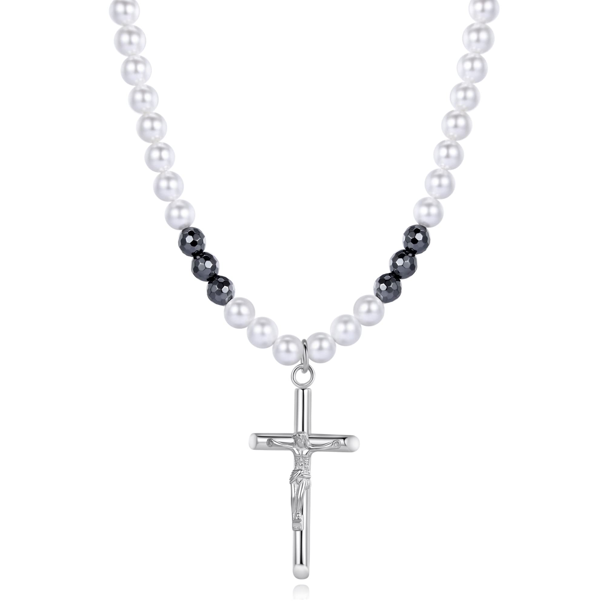 GAVU Collar Rosario para Hombre y Mujer de Perlas de Concha y Hematita con Colgante Cruz Cristiana con Jesús Crucificado