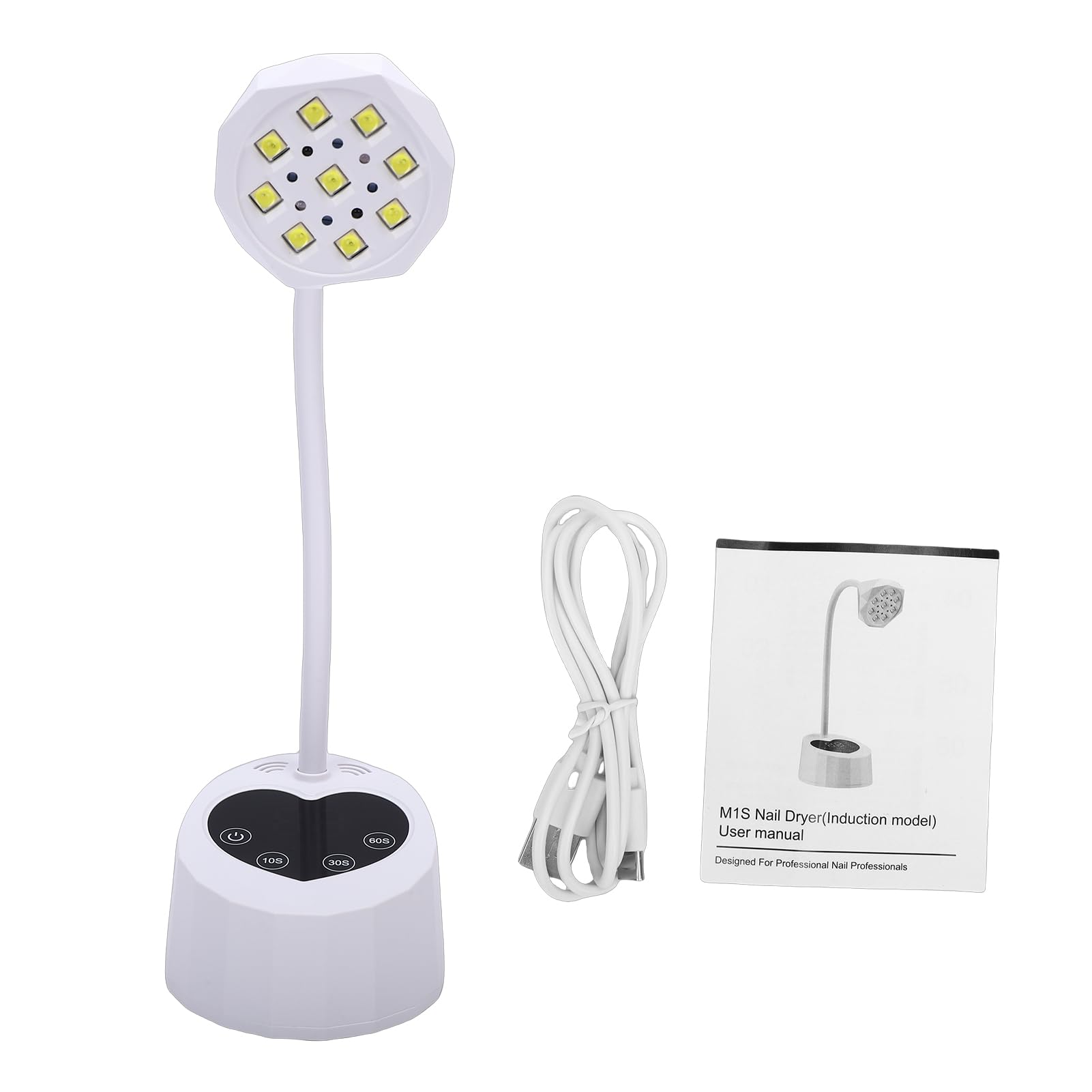 USB Rechargeable Nail Lamp, Hands Free Automatic Sensor Nail Dryer, 360 Degree Rotatable Goose Neck Design with 4 Timing Settings & 9 LED Beads, Ideal for Gel Nails, Manicure & (White)