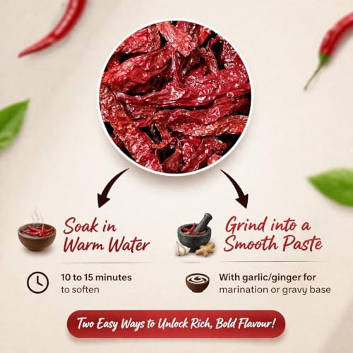 Image of Kashmiri Red Chilli Whole, Lal Mirch Sabut, Natural Dry, Strong Smoky Spice, Organic, for Gravies and Curries, 200g