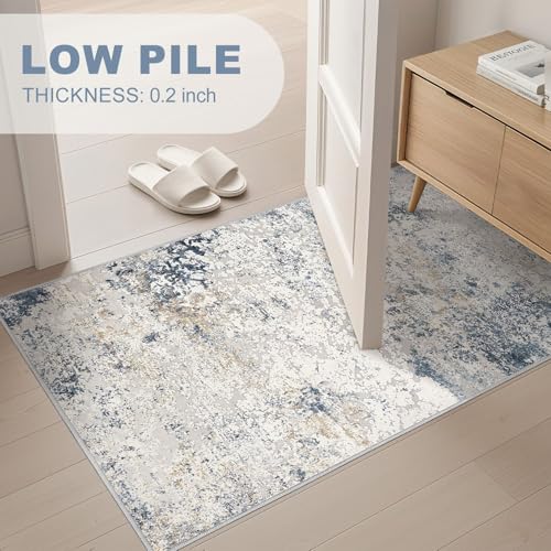 DMOYEST Rugs Living Room Washable: Area Rugs for Kitchen Entryway Bedroom Small Abstract Neutral Modern Rug Soft Non Slip Low Pile 80x150 - Beige Blue - Image 3