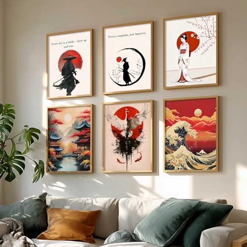 Image of HOTHOUSE Japanese Samurai Motivational Art Wall Framed Posters | Aesthetic Japanese Art Framed Poster for Living Room Bedroom Gaming Room Studio Wall Decor Set Of 6 (13X17 inch)