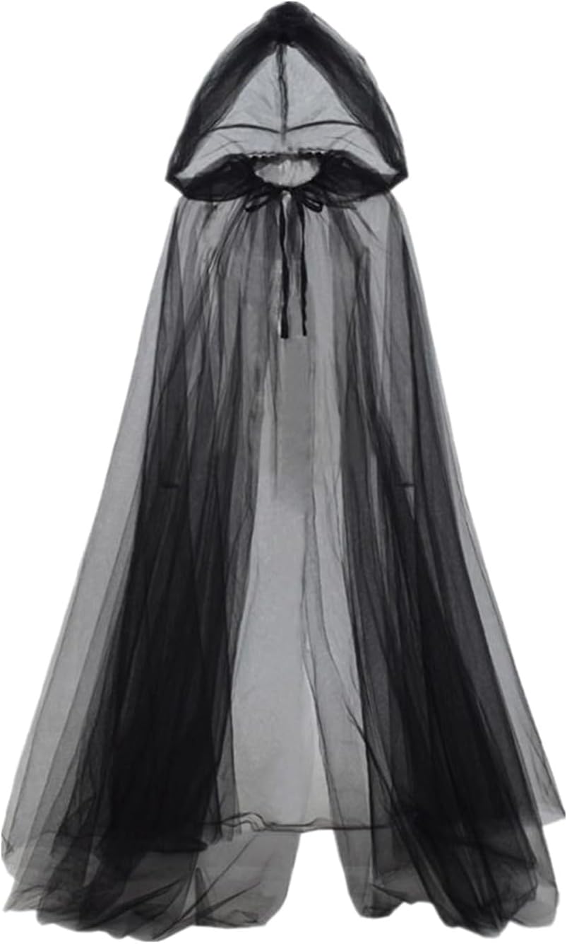 Womens Hooded Cloak Gothic Witch Sheer Cape for Halloween Vampire Ghost Cosplay Costume Cloak