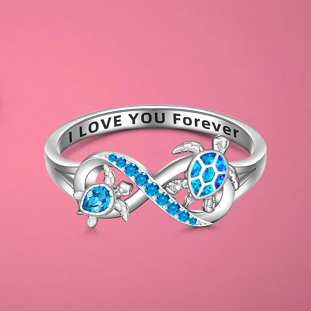 Sea Turtle Ring Blue Opal 925 Turtle Rings for Women Sterling Silver Infinity I Love You Forever Cute Ocean Animal Tortoise Ring Jewelry Mother Day Christmas Gifts - Image 6
