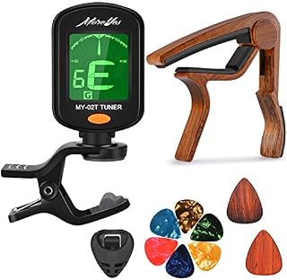 MOREYES Guitar Capo for Acoustic Guitar,Ukelele, Electric Guitar,Bass with Wood Color Guitar Picks (tuner capo)