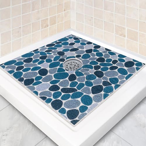 Image of Square Shower Mat Non Slip: 27 x 27 Inch Large Shower Mats with Drain Hole in Middle - PVC Loofah Anti Slip Shower Floor Matt for Inside Shower