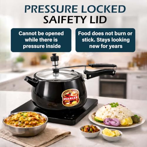 Image of Marlex Contura Aluminium Hard Anodised 3 Litre Pressure Cooker With Stainless Steel Inner lid - Induction Base cooker, ISI Certified, 5 Year Warranty, Corrosion-Resistant Durable Black Cooker
