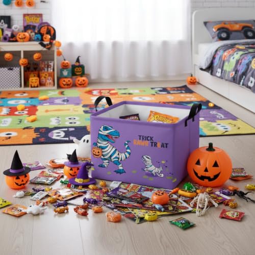 Image of Halloween Basket Gift Cute Pumpkin Ghost Parties Decor Kid Trick or Treat Basket for Boys and Girls Rectangular Storage Bin Box (Blue Dinosaur)