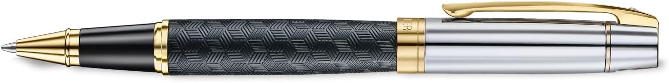 Sheaffer 300 Rollerball Pen| E9347 Engraved Matt Black Barrel and Shiny Chrome Cap with PVD Gold Trims | Premium Rollerball Pen