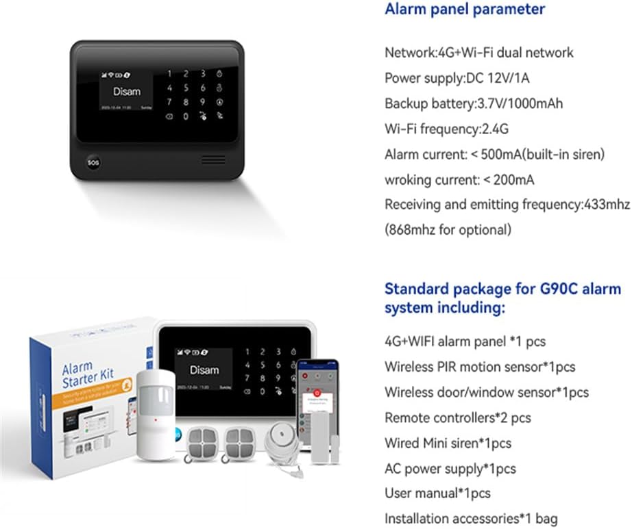 An image displaying the alarm panel parameters and a list of standard package contents for the G90C alarm system. The parameters include network type, power supply, backup battery, Wi-Fi frequency, alarm current, working current, and receiving/emitting frequency. The package list confirms the inclusion of the alarm panel, sensors, remote controllers, siren, power supply, user manual, and installation accessories.