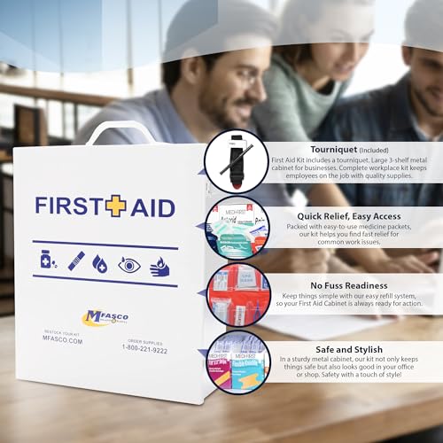 MFASCO 2021 ANSI/OSHA Compliant First Aid Kit - Large, Commercial 3-Shelf Metal Cabinet for Businesses, Wall Mountable - with Medications - ANSI Standard 2021 First Aid Kits, Class B Fill - Thumbnail 2