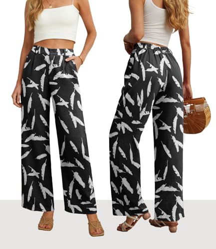 Image of Feiersi Womens Casual Wide Leg Pants High Waisted Button Down Straight Long Trousers Palazzo Pants