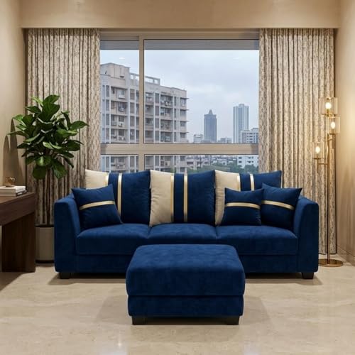 Image of Vero 4 Seater L Shape Sofa Set with Movable Ottoman | Flexible Left or Right Layout | Luxury Velvet Suede Fabric | Modern Living Room Sofa | Dark Blue