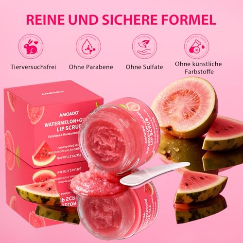 Lippenpeeling für dunkle Lippen – Peeling mit Wassermelone und Guave für geschmeidige und weiche Lippen, Peeling und Feuchtigkeitspflege für trockene, rissige Lippen, natürliche Lippenpflege, 35 g
