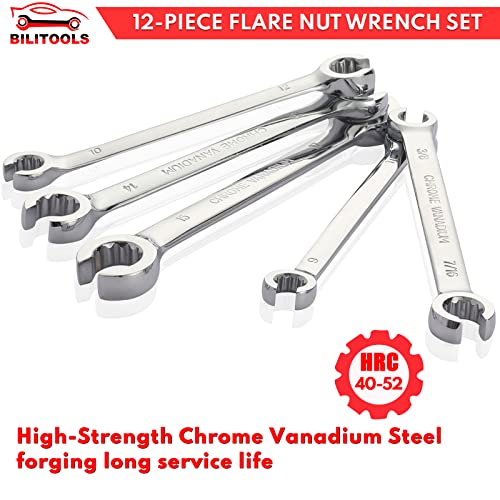 Bilitools 12-Piece Flare Nut Wrench Set, Metric & Standard, 12-Point Line Wrench Set 6 To 21Mm & 1/4" To 7/8", Cr-V Steel #TOP6