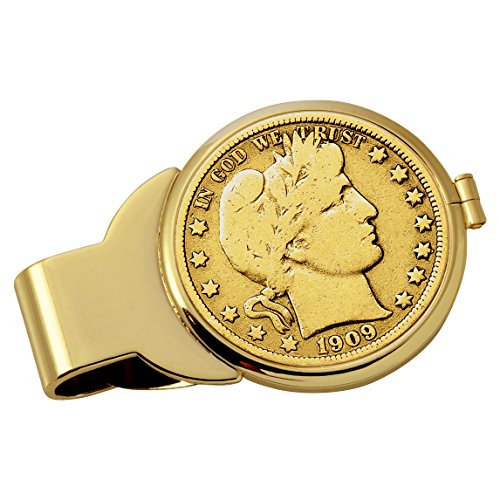 American Coin Treasures U.S. Coin Money Clip - Silver Barber Half Dollar Layered in Pure 24k Gold | Brass Moneyclip | Holds Currency, Credit Cards, Cash | Certificate of Authenticity