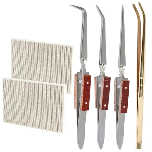 RVEFOT 6Pcs Jewelry Soldering Kit with 3 Soldering Tweezers, Heat Resistant Honeycomb Soldering Block Set, Reverse Tweezers Jewelers Making Melting Casting Tools Supplies