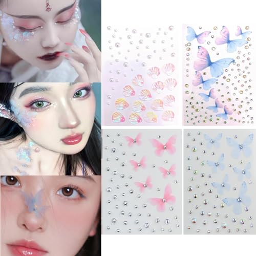 HAPVITAL ラインストーン ラインストーン ステッカー 星 月 4枚セット ラインストーンステッカー パール 涙メイク フェイスストーン シール 顔面デコ デコパーツ ネイルアートパーツ 携帯電話装飾 DIY用品 3D 光る 貼り付け可能 キラキラ 手芸用品 (J)