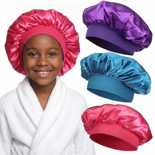 3 PCS Kids Satin Bonnet Elastic Silk Bonnet for Kids Wide Band Bonnets for Kid Sleeping Satin Bonnets for Girls Boys Toddler Child (Blue Purple Rose Red)