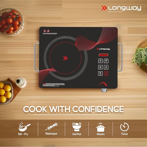 Image of Longway Infralite Pro 2200W Infrared Induction Cooktop with Steel Grill Rack, Crystal Glass Top, Touch Panel & Digital Display, 4 Preset Modes - Stir Fry, BBQ, Hot Pot & Steam, Red