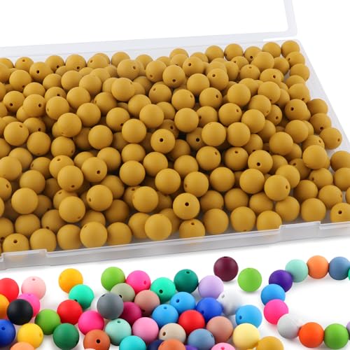 Sunrony 170Pcs 15mm Silicone Beads for Keychain Making, Round Silicone Beads for Pens and Necklace Bracelet Crafts Making(Mustard Yellow)