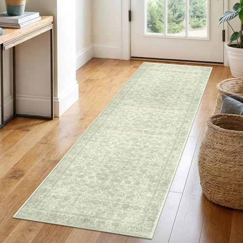 2x6 Sage Green Washable Runner Rug for Hallways, Soft Neutral Vintage Kitchen Rugs with Non-Slip, Non-Shedding Distressed Floral Rug for Bedroom Kitchen Porch Laundry Entryway