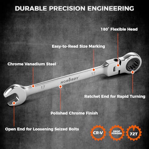 Image of HORUSDY 12-Piece Metric Flex-Head Ratcheting Wrench Set 8-22mm, CR-V Ratchet Combination Wrenches with 72T 180 Flex Head, Magnetic Holder & Tool Bag for Auto, Motorcycle, Home & Repair