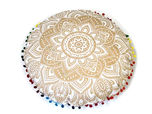 Craft Kala 22" In Round Mandala Boho Pillow Meditation India Seating Poufs For Living Room Yoga Room Home Décor Bedroom Balcony Garden Party Decoration Cotton Floor Cushion Cover (White Gold Flower) #TOP2