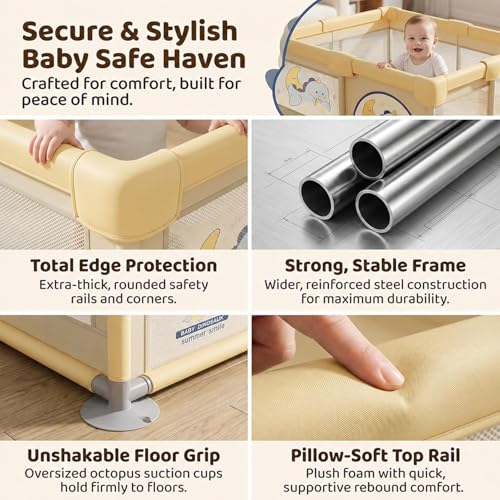 Image of StarAndDaisy Play Pen for Baby for 0-5 Years 150 x 180 cm Baby Play Area Indoor Setup with Safety Lock & Anti-Fall Grasp System | Breathable Play Pen for Kids Indoor - Yellow