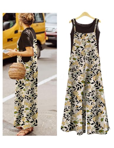 Image of YESNO Women Casual Loose Long Bib Pants Wide Leg Jumpsuits Baggy Cotton Rompers Overalls with Pockets PZZTYP2