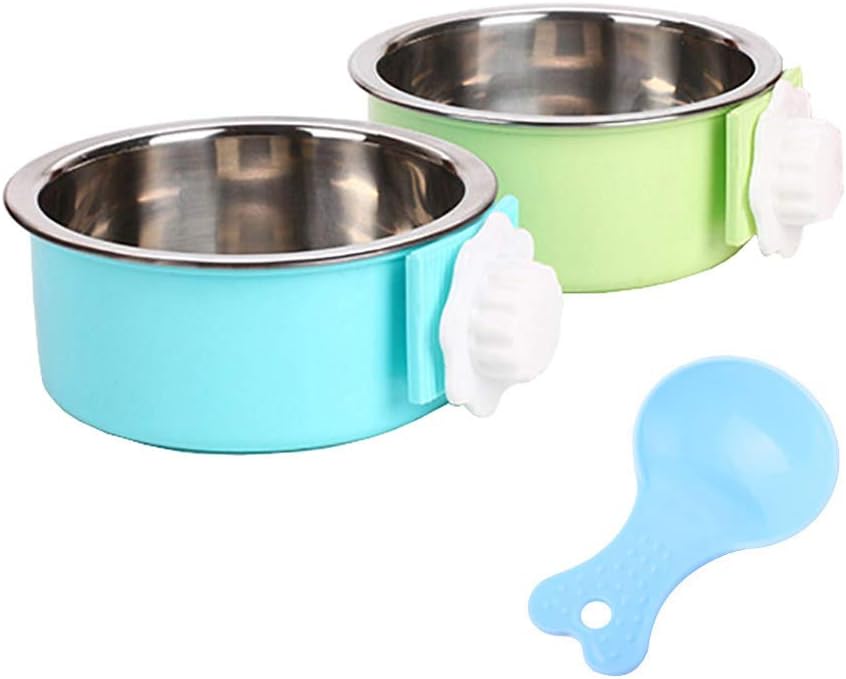Crate Canine Bowl, Detachable Stainless Metal Water Meals Feeder Bowls Hanging Pet Cage Bowl Cage Coop Cup for Canine Cats Pet Rabbits Hen and Small Pets (Giant (Pack of two), Spherical (Blue+Inexperienced))