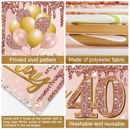 Image of Excelloon 40th Birthday Banner Decorations for Women, Pink Rose Gold Happy 40 Birthday Yard Banner Party Supplies, 40 Year Old Bday Background Sign for Outdoor Indoor