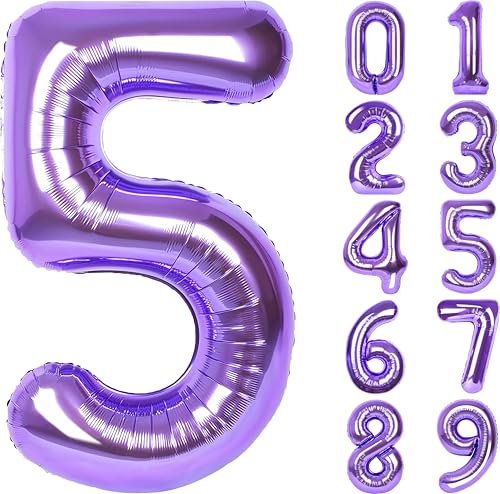 Image of Number Balloons for Birthday Decorations - 40 Inch Large Party Balloons 5, Purple Foil Number Balloons for Boys Girls, Balloons for Party Supplies