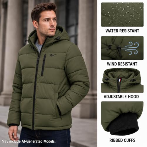 Image of Reebok Mens Quilted Puffer Jacket, Weather Resistant Hooded Winter Coat
