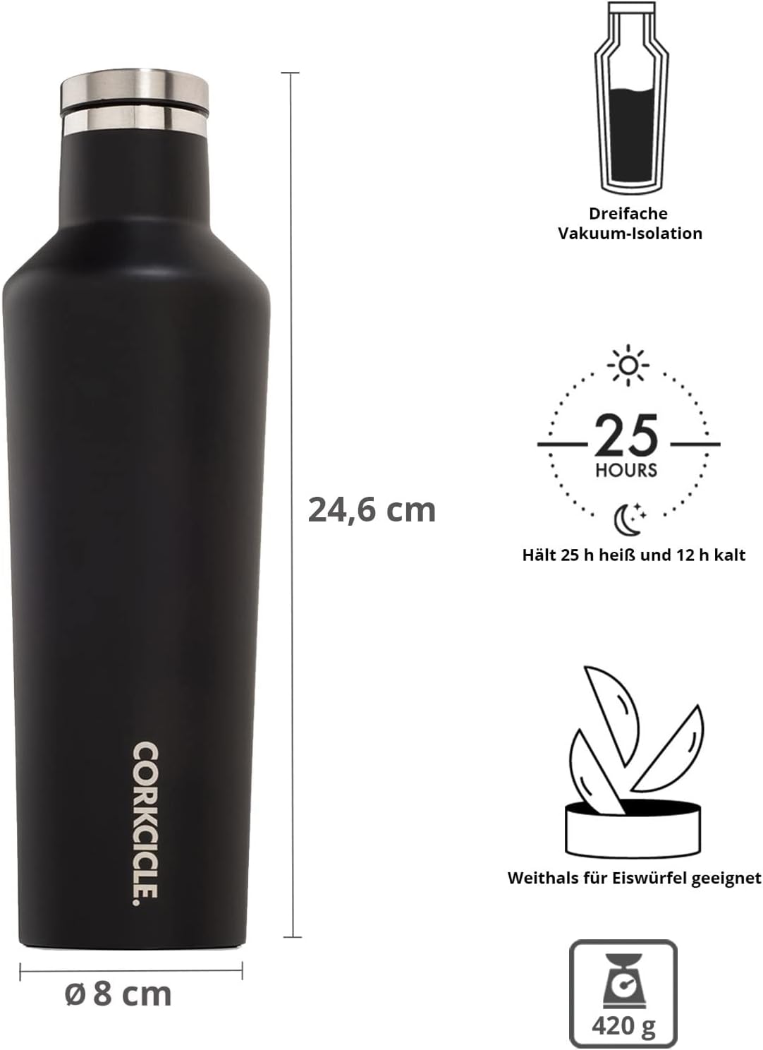 Corkcicle Canteen - Water Bottle and Thermos - Keeps Beverages Cold for Over 25, Hot for Over 12 Hours - Triple Insulated with Shatterproof Stainless Steel Construction - Matte Black - 16 oz. - Image 2