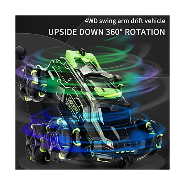 KKnoon Ferngesteuertes Auto RC Stunt Car 2.4GHz 4WD 360° Double Sided Rolling Rotating Vehicles mit Spray Music Light 2 Control Mode Grün – Bild 4