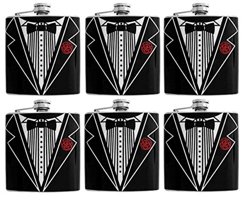 Gifts Infinity® Set of 6 Flask 8oz Groomsmen, Best man, Groom Tuxedo Vinyl Wrap Stainless Steel