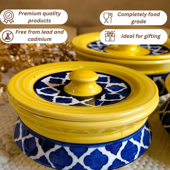 Image of Niyara Premium Handcrafted Ceramic Casserole /Donga Set with Lids | Serving Bowls for Hot Food | Microwave & Dishwasher Safe | Set of 3 (1000ML, 650ML, 550ML) | Moroccan Yellow