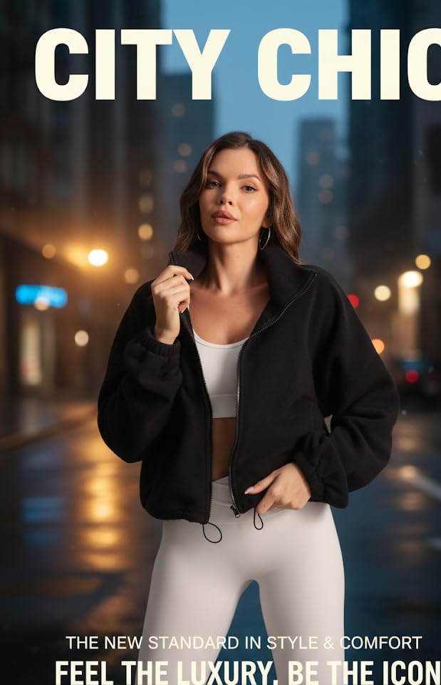 Cropped Fleece Winter Jacket for Women Cozy Sherpa Long Sleeve Coat with Secure Side Pockets - Image 3