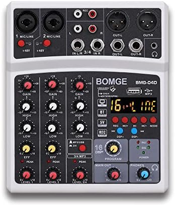 BOMGE 4 Channel dj Bluetooth Audio Mini Mixer with Effects, USB Interface, Stereo Recording, 48V Phantom Power for PC,phone(White)