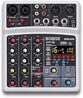 BOMGE 4 Channel dj Bluetooth Audio Mini Mixer with Effects, USB Interface, Stereo Recording, 48V Phantom Power for PC,phone(White)