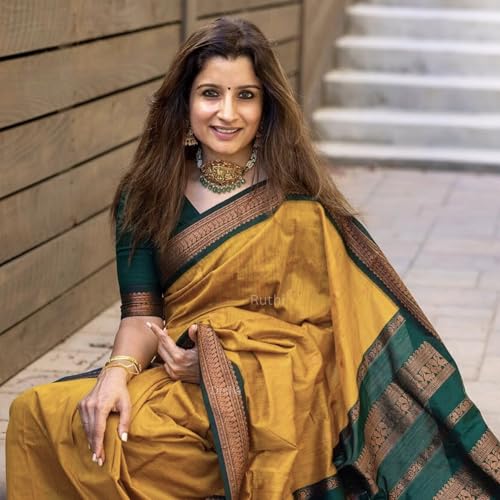 Image of DHIHA Gadwal Cotton Saree for Women | Pure Kalyani Cotton Saree with Zari Border Tassels & Blouse | Kanjivaram Linen Silk | Handloom Weave