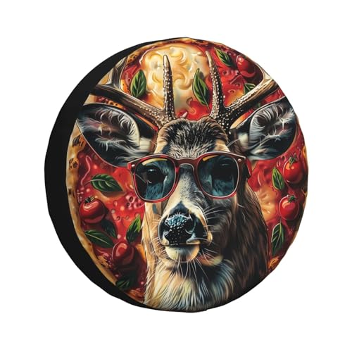 Image of Deer with Glasses and Pizza Spare Tire Cover Wheel Protectors Weatherproof Deer Pattern Wheel Covers Universal Fit for Trailer RV SUV Truck Camper Travel Trailers Accessories 14 Inch